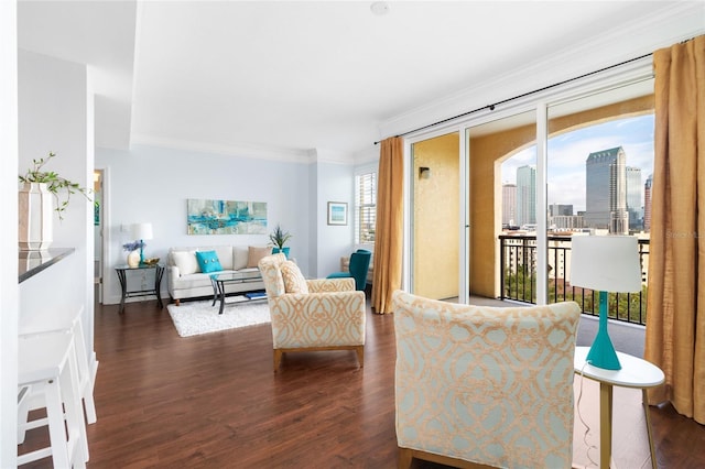 living room featuring a wealth of natural light, dark wood-type flooring, and ornamental molding