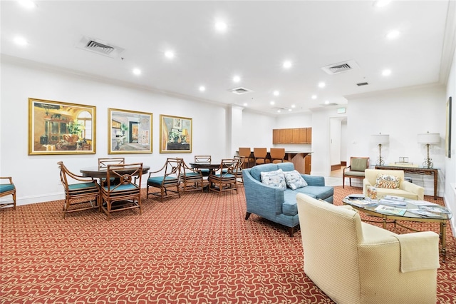 living room featuring carpet and ornamental molding