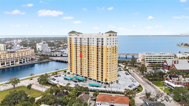 drone / aerial view with a water view