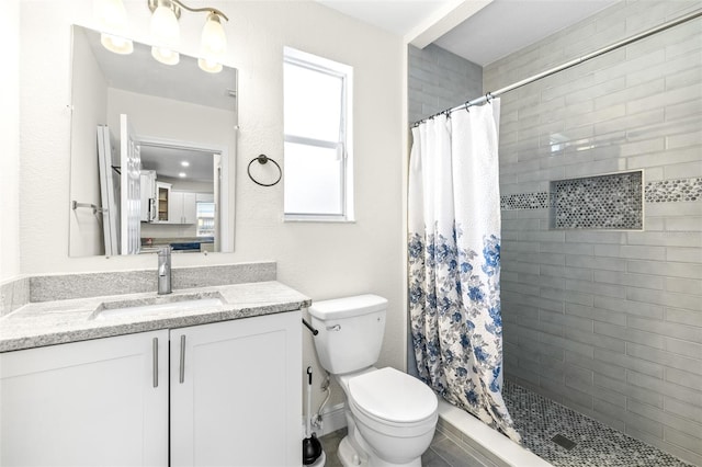 bathroom featuring a shower with curtain, vanity, and toilet