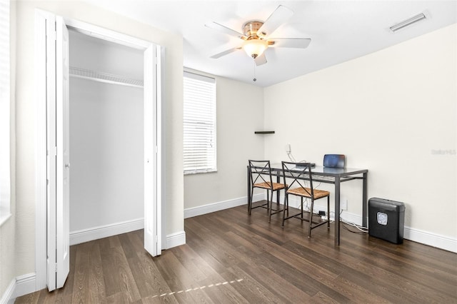 office featuring ceiling fan and dark hardwood / wood-style flooring