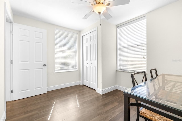 office space featuring dark hardwood / wood-style floors and ceiling fan