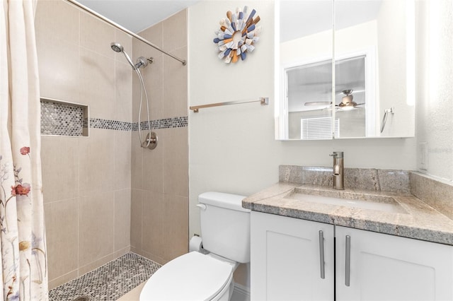 bathroom featuring vanity, curtained shower, and toilet