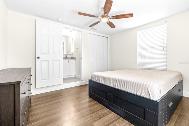 bedroom featuring dark wood-type flooring, ceiling fan, and a closet