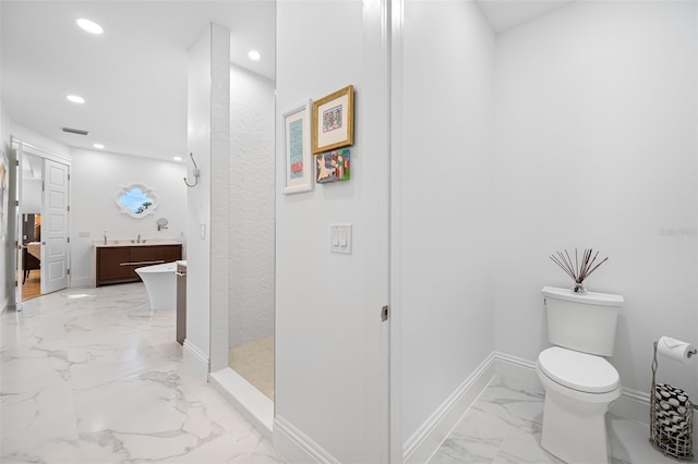 bathroom with a shower, vanity, and toilet