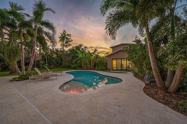 pool at dusk featuring a patio