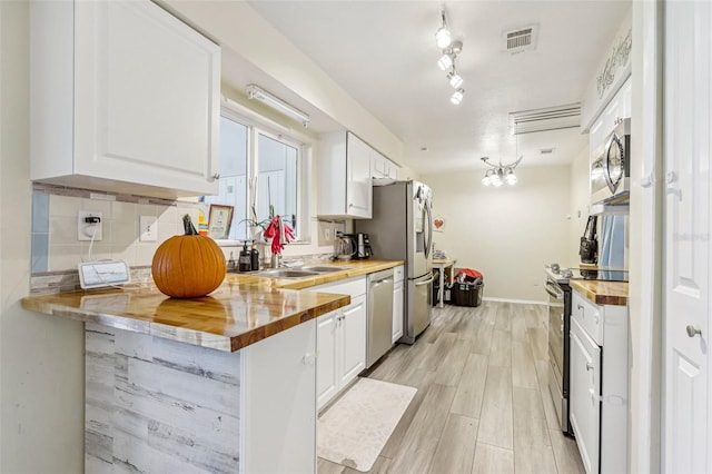 kitchen featuring white cabinets, kitchen peninsula, butcher block counters, and stainless steel appliances