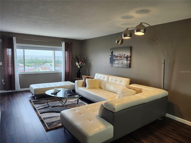 living room featuring a textured ceiling and dark hardwood / wood-style flooring