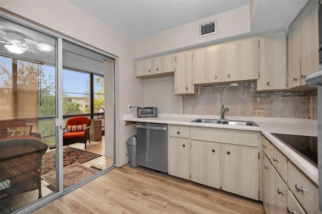 kitchen featuring visible vents, a sink, backsplash, light countertops, and dishwasher