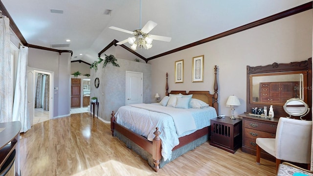 bedroom featuring ceiling fan, lofted ceiling, crown molding, and light hardwood / wood-style flooring