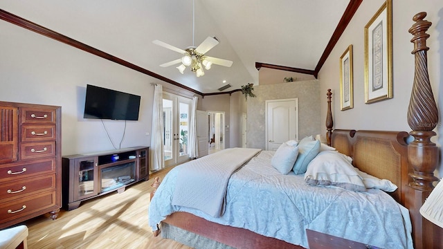 bedroom featuring high vaulted ceiling, french doors, crown molding, light hardwood / wood-style flooring, and ceiling fan