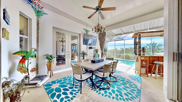 sunroom featuring french doors, vaulted ceiling, and ceiling fan