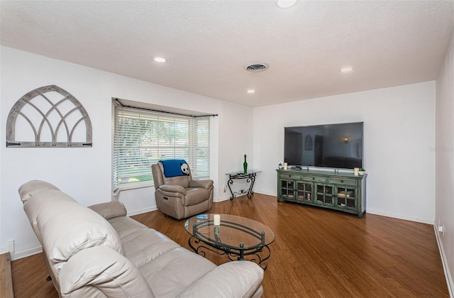 living room featuring a textured ceiling and hardwood / wood-style flooring