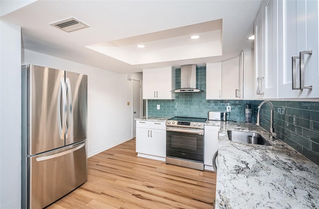 kitchen with sink, wall chimney exhaust hood, light wood-type flooring, white cabinetry, and stainless steel appliances