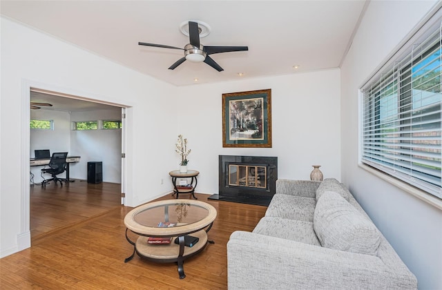 living room with hardwood / wood-style flooring and ceiling fan