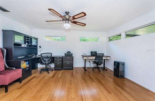 office area with crown molding, ceiling fan, and hardwood / wood-style flooring