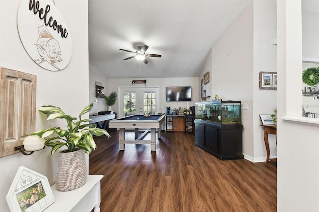 game room featuring lofted ceiling, french doors, ceiling fan, and dark hardwood / wood-style floors