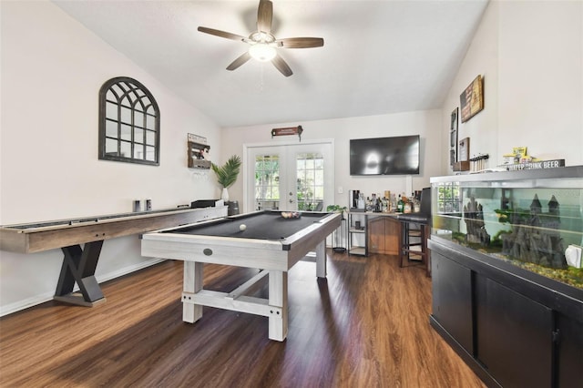 recreation room with ceiling fan, french doors, dark hardwood / wood-style floors, and vaulted ceiling