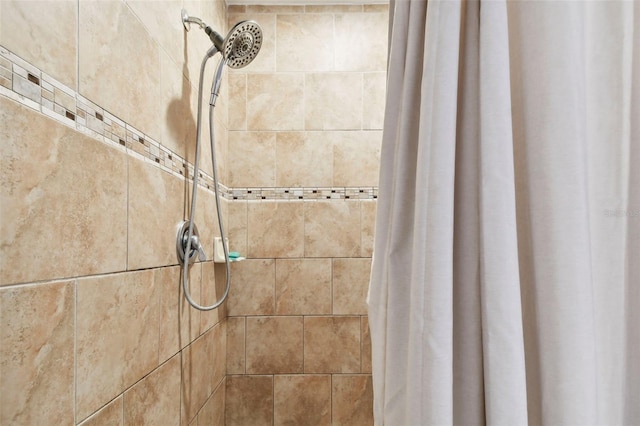 interior details featuring a shower with shower curtain