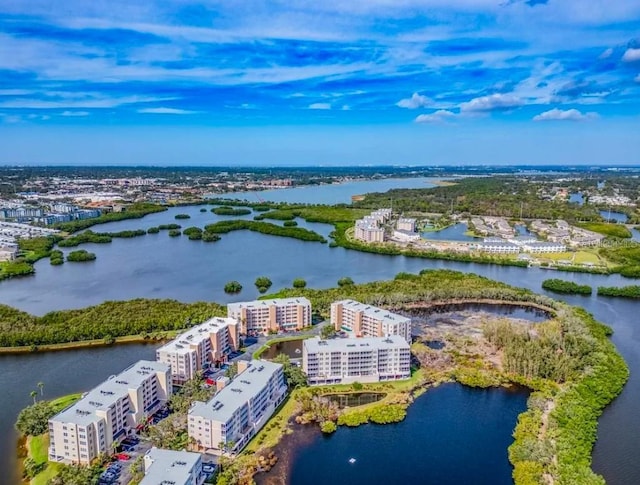 birds eye view of property featuring a water view