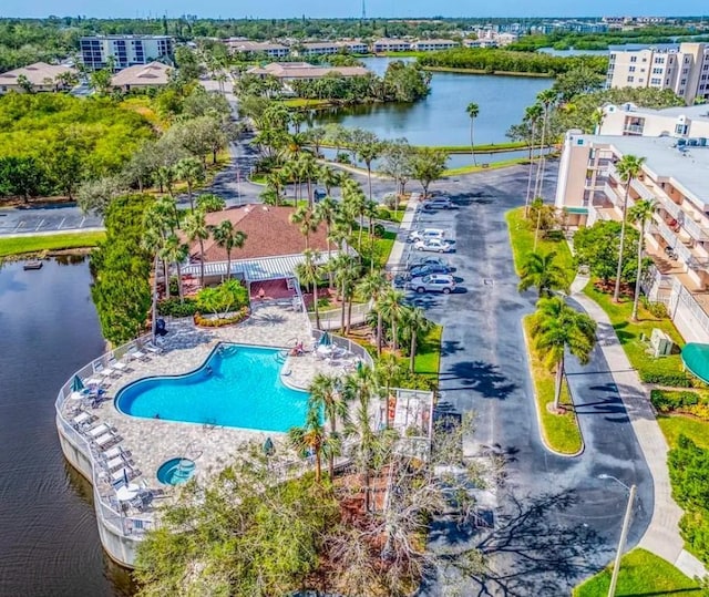 bird's eye view with a water view