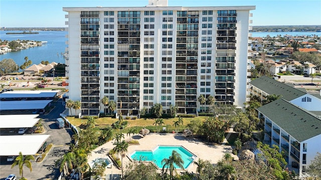 view of building exterior with a water view