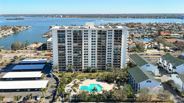 aerial view featuring a water view