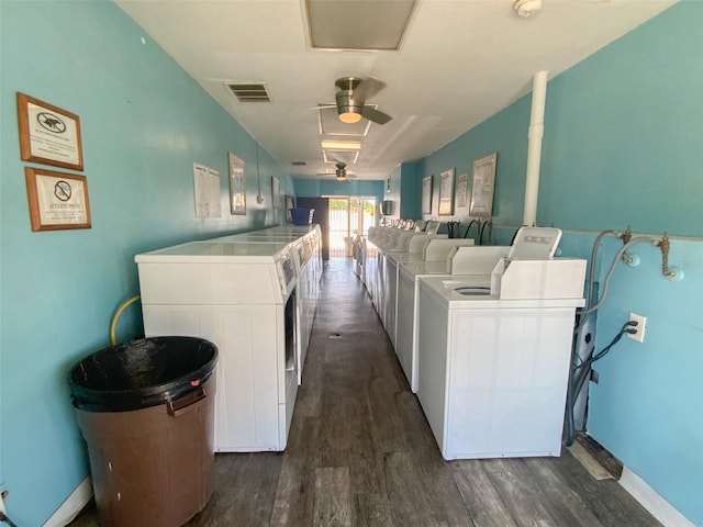 laundry room featuring separate washer and dryer, ceiling fan, and dark hardwood / wood-style floors