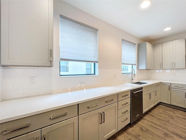 kitchen featuring stainless steel dishwasher, a healthy amount of sunlight, sink, and hardwood / wood-style floors