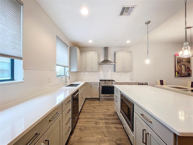 kitchen featuring pendant lighting, hardwood / wood-style floors, sink, wall chimney exhaust hood, and stainless steel appliances