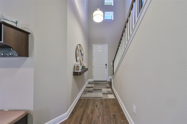 doorway featuring dark hardwood / wood-style flooring and a towering ceiling