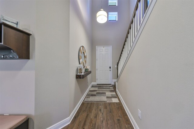 6337 Waves End Pl, Apollo Beach, FL 33572 - entryway with stairs, a high ceiling, dark wood-style floors, and baseboards