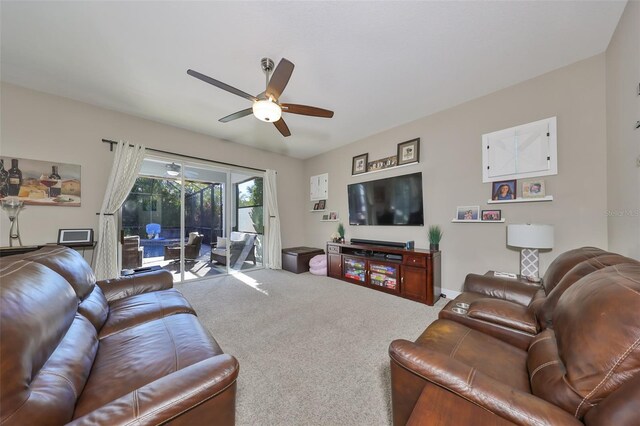 6337 Waves End Pl, Apollo Beach, FL 33572 - living room featuring a ceiling fan and carpet flooring