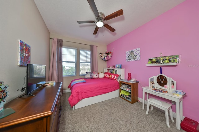 bedroom with ceiling fan and carpet