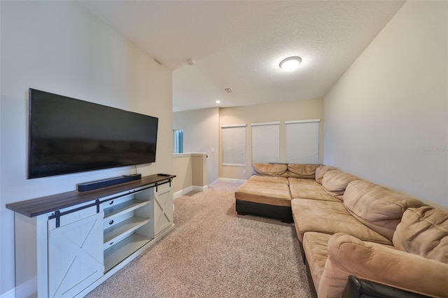 carpeted living room with a textured ceiling