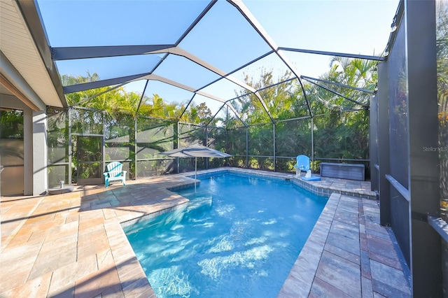 view of swimming pool with a lanai and a patio area