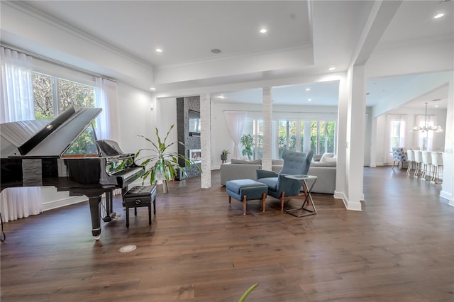 living area featuring dark hardwood / wood-style floors, a wealth of natural light, an inviting chandelier, and a tray ceiling