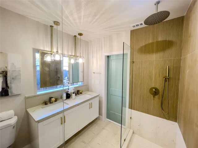 bathroom with vanity, toilet, and a shower