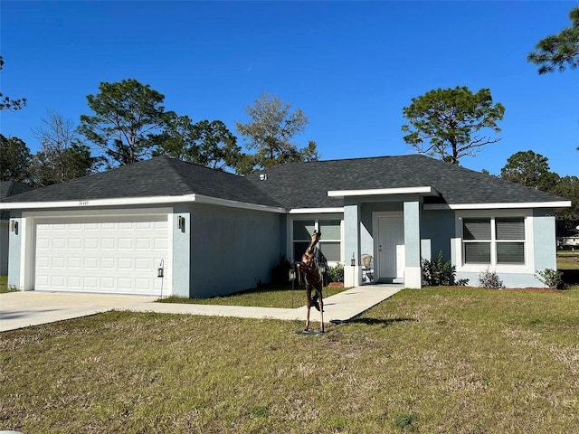 ranch-style home with a garage and a front lawn