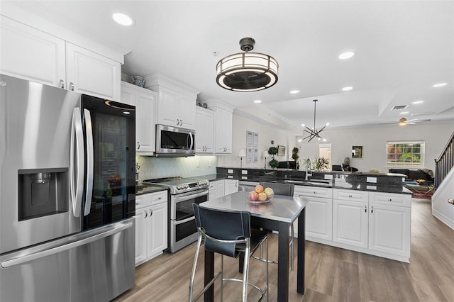 kitchen with kitchen peninsula, appliances with stainless steel finishes, and white cabinetry