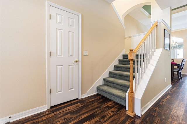 staircase featuring wood-type flooring, an inviting chandelier, and ornamental molding