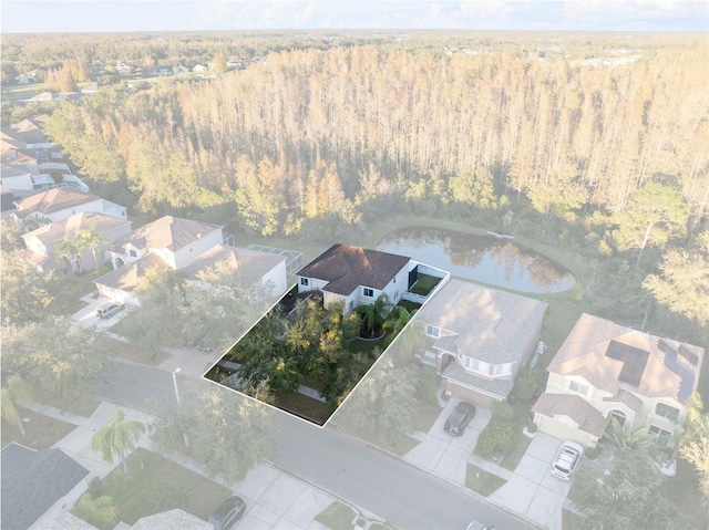 18127 Sandy Pointe Dr, Tampa, FL 33647 - aerial perspective of suburban area with a forest, property parcel outlined, and a large body of water