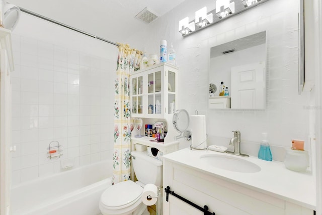 full bathroom with vanity, toilet, shower / bathtub combination with curtain, and tasteful backsplash