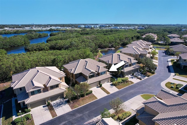 bird's eye view with a water view