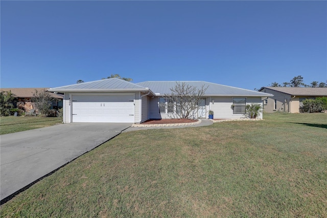 ranch-style house with a front yard and a garage