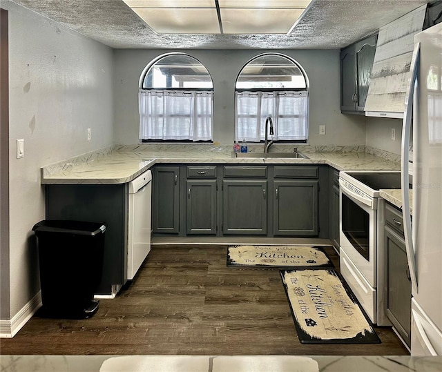 kitchen featuring dark hardwood / wood-style flooring, white appliances, a textured ceiling, sink, and gray cabinets