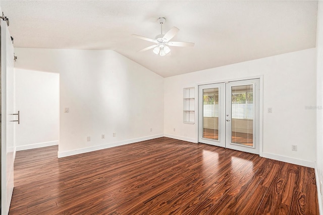 unfurnished room with french doors, dark hardwood / wood-style flooring, ceiling fan, and lofted ceiling