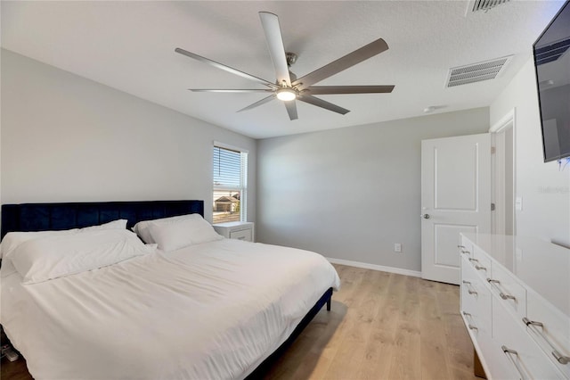 bedroom with ceiling fan and light hardwood / wood-style floors