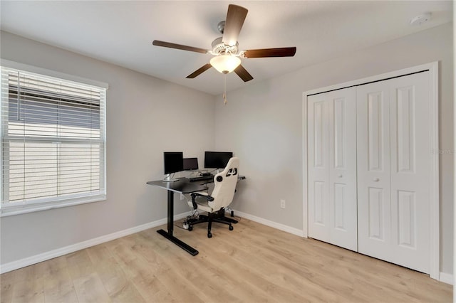 office area featuring light wood-type flooring and ceiling fan