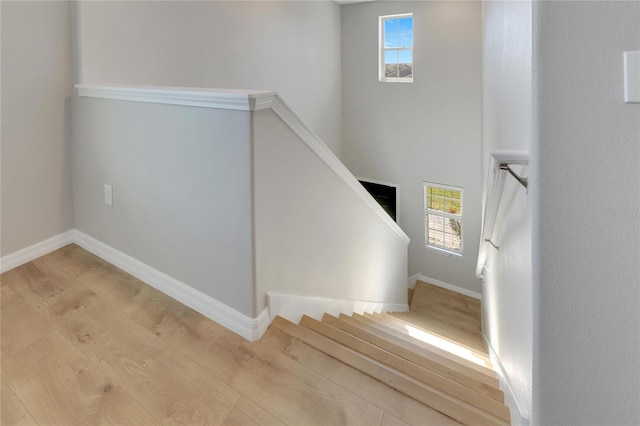 stairs featuring plenty of natural light and wood-type flooring